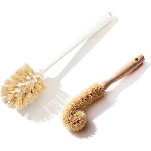 2-Piece Kitchen Brush Set - Includes 1 Plastic Handle Ponytail Cup Brush & 1 Wooden Handle Coconut Scrubber - Cleaning Kit for Bottles & Pots