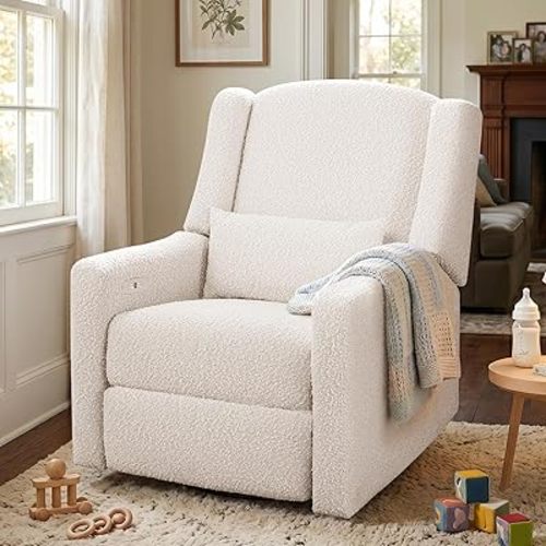 Power Nursery Recliner Rocking Chair with Waist Pillow, Comfy Teddy Farbric, High Back & Lumbar Support Swivel Gilder Recliner for Adults, Living Room, Rocking Chair Nursery USB Charging, Beige