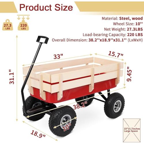 Outvita All-Terrain Cargo Wagon, 10" Air Tires Steel Utility Cart, Red | Equipped with removable panels,220 lbs Capacity Overall 38 x 19 x 31 inch, great for carrying kids, garden tools and cargo