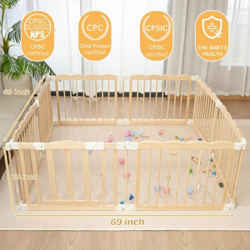 Wooden Baby Playpen 69x69 Inch Foldable Toddler Fence with Safety Lock
