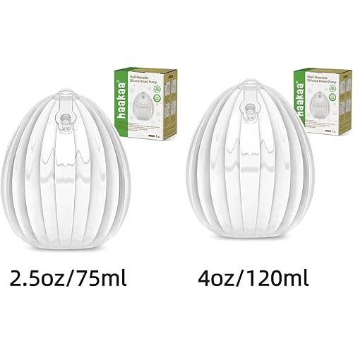 haakaa Shell Breast Pump, Wearable Manual Breast Pump - Hands Free, Passive Silicone Breastmilk Collection for Nursing Mom,75ml/1pc+120ml/1pc