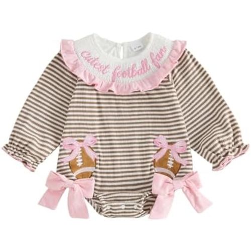 Newborn Baby Girl Clothes Football Letters Embroidery Striped Print Bubble Romper Jumpsuit Baby Football Outfit