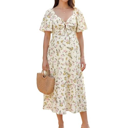 OUGES Women's V Neck Maternity Dress Baby Shower Midi Dresses with Pockets | Cool Breathable Fabric, Bow Tie Front, Flare Sleeve, Flattering A-Line Fit, Maternity Photoshoot, Wedding Guest, Casual