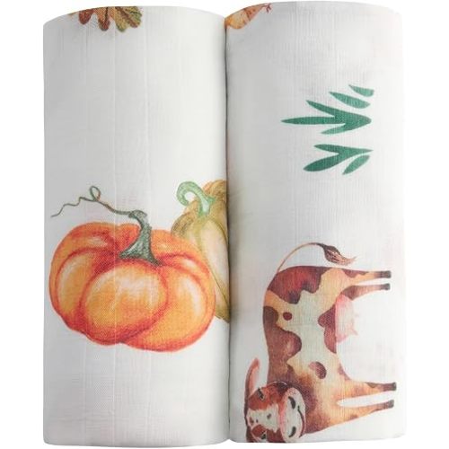 Bamboo Muslin Swaddle Blankets, 2 Pack 47x47 Inch Soft Breathable Hypoallergenic Baby Blanket for Newborn, Farm Harvest
