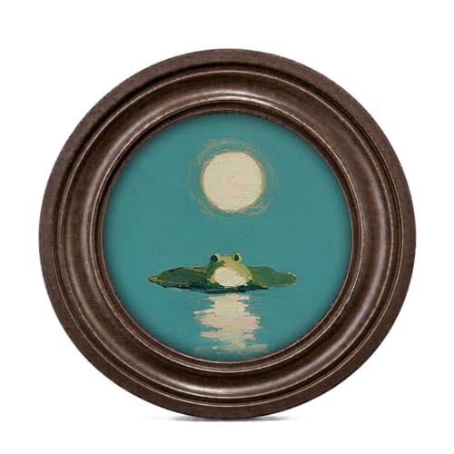 MOCHPEN Moon Frog Round Wall Art Decor, Vintage Frog Painting Artwork, Serene Lily Pad Pond Wall Decoration for Bedroom Living Room Gallery, 5.7x5.7 Inch