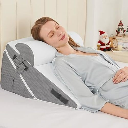 Sasttie Wedge Pillow Set for After Surgery, 2PCS Adjustable Bed Wedge Pillow Headboard with Memory Foam Neck Cushion – for Acid Reflux, Sleeping, Neck & Back Support, Dark Grey & White