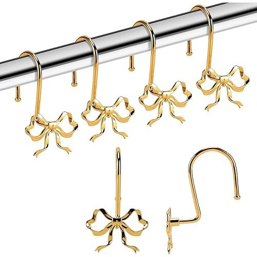 Bow Shower Curtain Hooks, 12 Pack Metal Decorative Rings, Rustproof Bow Knot Design for Bathroom Bedroom Living Room Baby Room Nursery Art Decor (Gold 2)