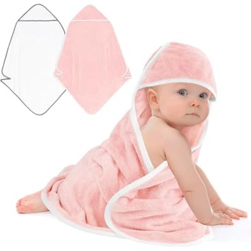UNIMADE Hooded Towel for Newborn, 2 Pack Soft Coral Fleece Baby Towels | Ultra Absorbent Bath Cloths Bulk for Infants, Toddlers, Newborn Essential- 30 x 30 inch - Pink & White