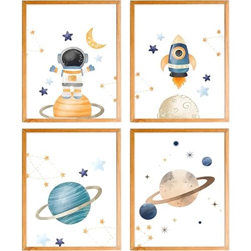 BearCake Space Wall Decor - Solar System Spaceman Outer Space Poster Prints - Set of 4 Unframed, 12x16 Inches - Perfect for Boys Room, Classroom, Toddler, Playroom, Nursery