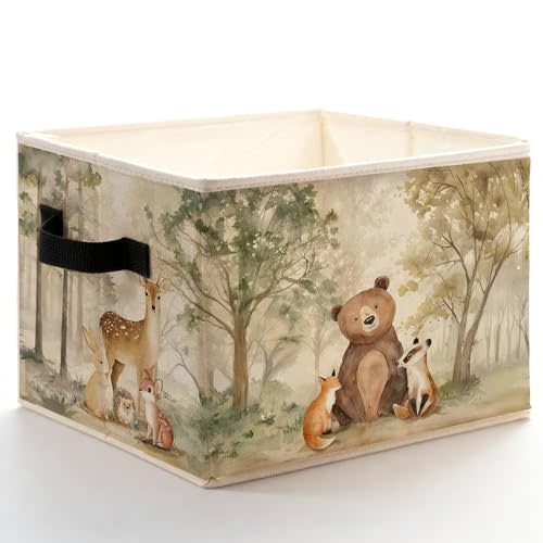 Forest Animal Nursery Storage Bins Box with Handles, Wild Animal Nature Forest Fox Bear Deer Foldable Basket Toybox for Kids Room Nursery Playroom Bathroom Clothes Toys Books