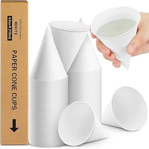 Roshtia 200 Pcs Paper Cone Cups Thicken Disposable Cone Cups for Shaved Ice, Slushies Water Cooler Dispenser, White (4 oz)