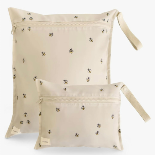 mushie Water Resistant Wet Bags | Large & Small Reusable Storage Bag for Baby Items and Travel | Zippered Pockets with Handle | Machine Washable, Set of 2 (Bees)