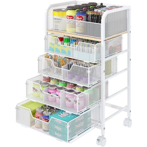 5-Tier Craft Organizer Cart with Wheels,Craft Organizers and Storage with Drawers,Lockable Wheels Rolling Utility Cart with DIY Divider,Office Supply Organizer,Ideal for Studio,Office Patent Pending