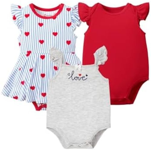 PATPAT Baby Girl Bodysuits - Soft Bamboo Viscose - Flutter Sleeves Cute Dress - Newborn Infant Summer Clothes - 3 Pack