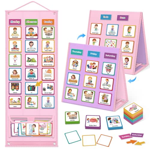 Godery Large Visual Schedule for Kids Chore Reward Chart,Bedtime Routine Chart for Toddlers,Double Side Schedule Board with 109 Cards for Home School Planner,Autism Learning Materials (Pink)