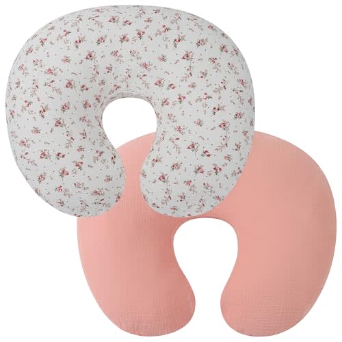 Onacosht Muslin Nursing Pillow Cover 2 Pack 100% Cotton Ultra Soft Breastfeeding Pillow Covers for Baby Boy and Girl, Pink and Floral