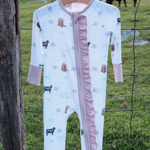 Western Bamboo Baby Sleeper | Blush Angus Cow Pajamas – Littles SK Boutique