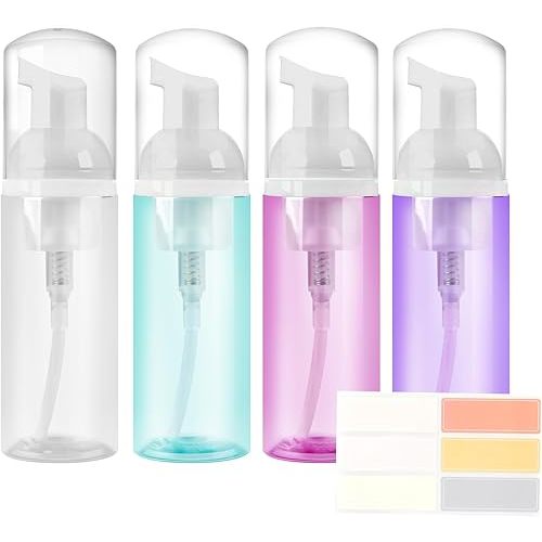 4 Pack Foam Pump Bottle, 60 ml/2 oz Mini Empty Bottle Travel Foaming Dispenser, Plastic Mousse Foam Dispenser Pump for Soap, Shower Gel, Shampoo, Facial Cleanser - Mix Colors