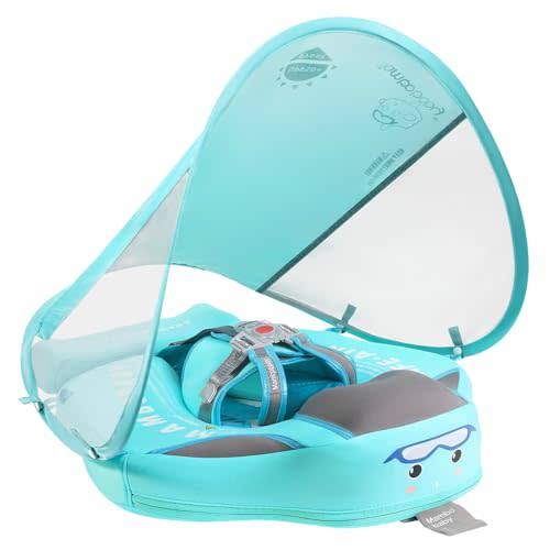 Mambobaby Baby Pool Float with Removable Sun Canopy - Non Inflatable Infant Swim Float with Anti-Flip Tail Design, Waterproof & Skin-Friendly Baby Float for Swimming (3-24 Months)