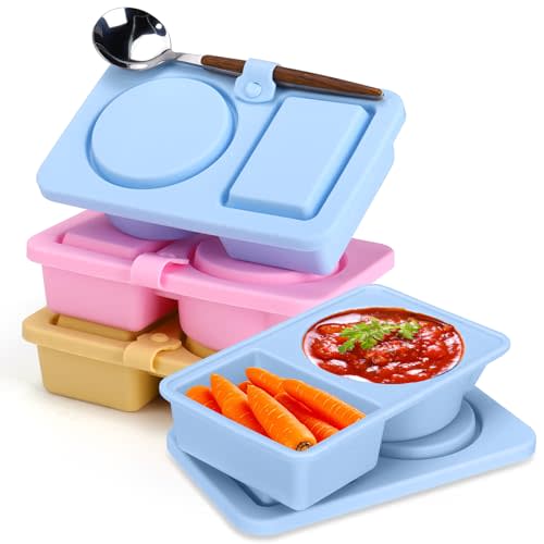 Palksky Silicone Snack Container with Lids, 4Pack 2/Tow/Double Compartment Snackle Box Containers, Reusable Condiment Containers, Small Mini Food Snack Boxs - Size 5.6" * 3.4" * 1.3"