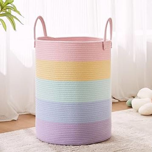 15Dx20H inches Baby Girls Kids Hamper Rainbow Laundry Basket for Nursery Clothes Pastel Unicorn Woven Hamper in Playroom Bedroom 60L Large Tall Blanket Basket for Toy Storage