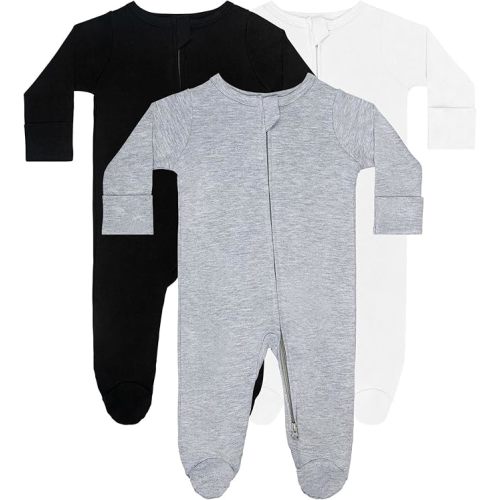 GUISBY Long Sleeve Baby Footed Pajamas with Mittens Cotton Sleepers with Zipper 3-Pack