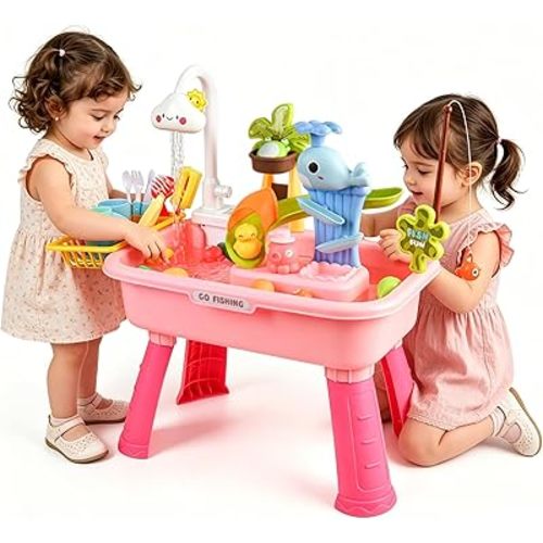 Upgraded Toddler Sand Water Table Toy with Electric Water Pump, Kids Sand Water with Faucet/Play Food Accessories/Fishing Toy, Kitchen Play Sink Toys for Girl Boy Age 3+ (Pink)