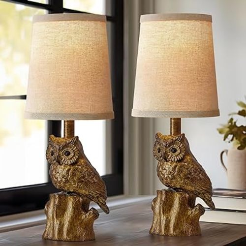14.25" Small Table Lamps Set of 2 Owl Lamps for Living Room & Bedroom, Rustic Farmhouse & Vintage Style, Gold Resin Base