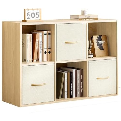 EXPERLAM 6 Cube Storage Organizer - Solid Wood Bookshelf with 3 Storage Bins, Cube Shelf with 2 Removable Back Panels, Vertical or Horizontal Bookcase, Open Book Shelf for Bedroom, Living Room, Office