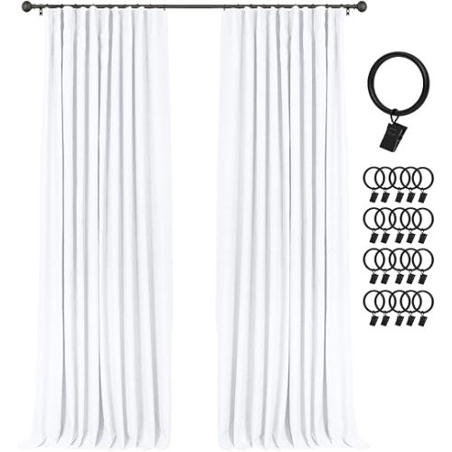 INOVADAY 100% Blackout Curtains for Bedroom, Black Out Curtains 90 Inch Long, Clip Rings Linen Blackout Drapes, Thermal Insulated Room Darkening for Living Room, 2 Panels - Brightwhite,W50xL90