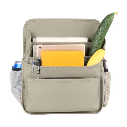 Viaviat Front Seat Organizer Car Upholstery Leather Passenger Seat Storage Bag Large Durable Car Organizer with Adjustable Strap Multiple Compartments Mesh Bags Cup Holders (beige)