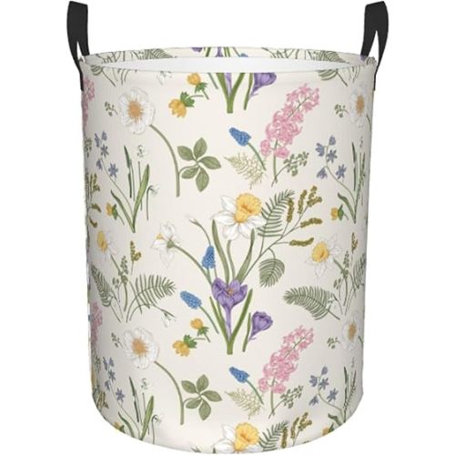 Floral Border Laundry Basket, Herbs and Wild Flower Dirty Clothes Laundry Hamper for Bedroom Bathroom College Dorm Nursery Toy Organizer Storage Basket Funny Oxford Cloth Tote Bag 19.6x15.7 Inch