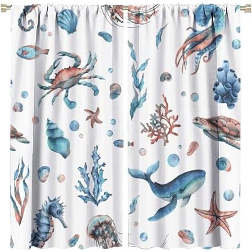 Kids Ocean Curtains Coastal Nautical Beach Theme, Colorful Underwater Cartoon Whale Turtle Coral Print Window Drapes for Boys Girls Baby Toddler Bedroom Living Room Nursery, 2 Panels W42xL54 Inch