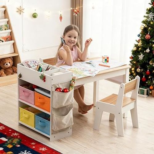 Kids Art Table and Chair - Toddler Craft Table and Chairs Set with 2 Chair & Bins, Large Storage Kids Activity Desk with Paper Roll for Playrooms & Classroom, 40" L x 20" W, Natural