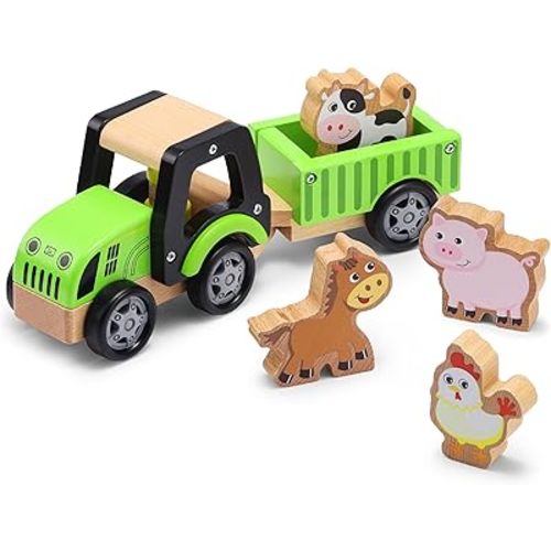SainSmart Jr. Wooden Tractor Toys for Toddlers 1-3, Farm Tractor Toy with Detachable Trailer & 4 Animals | Solid Wood Construction, Hand Push Car Toys for 1 2 3 Year Old Boys Girls (Green)