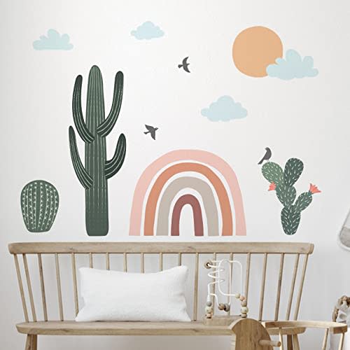 Yovkky Cactus Rainbow Wall Decals Stickers, Boho Cacti Botanical Sun Clouds | Nursery Decor, Bohemian Tropical Green Plant Neutral Home Decorations Kids Toddler Classroom Bedroom Art