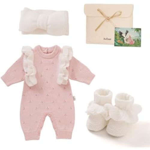 Avibae Knit Cotton Baby Girls Set with Romper, Hair Band and Shoes