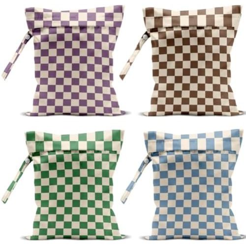 4 Pack Cute Wet Bag Waterproof Washable Reusable Wet Dry Bag for Swimsuit Dirty Clothes Cloth Diaper Travel Beach Pool Yoga Gym Party Camping Toiletries Travel Beach Essentials, Colorful Checkered