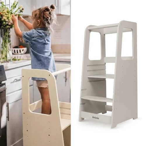 dadada Baby Montessori Toddler Tower - Adjustable Kitchen Step Stool for Kids with Safety Rail - Baby-Safe Finish, Encourages Cooking Skills and Independence - Almond Milk