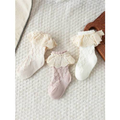 3Pairs/Lot New Spring Autumn Baby Girls Socks Newborn Infant Kids Cute Socks Toddler Lace Flower Short Tube Sock For 0-3Years Whitr Pink Beige | SHEIN USA