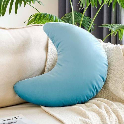 Dusty Blue Moon Pillow, 14.9" Cute Soft Velvet Half Moon Shape Plush Decorative Throw Pillows Cushions Room Decor for Couch Bedroom Living Room