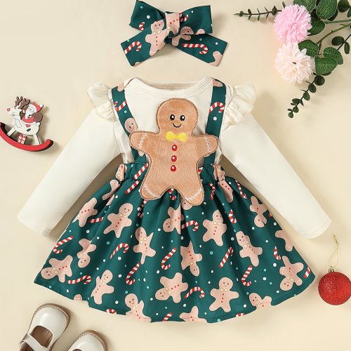 Girls' Christmas Set: Romper + Skirt with Cartoon Cookie and Candy Print + Headband, New Trendy Cute Dress for Little Girls, Perfect for Outdoor