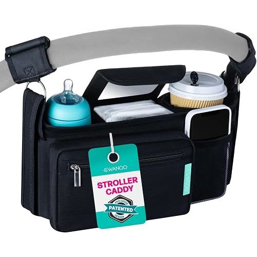 Swanoo Stroller Caddy Organizer With Cup Holder, Non Slip Straps Bag for Phone, Pet Stroller Accessories, Universal Fits Uppababby Vista v2 Wonderfold Wagon, Doona and More