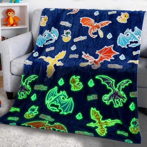 Dragon Gifts, Dragon Blanket for Boys Kids, Glow in Dark Blanket Glowing Cartoon Throw Blanket Soft Fleece Blanket for Room Bed Sofa Decor for Boy Girls Men