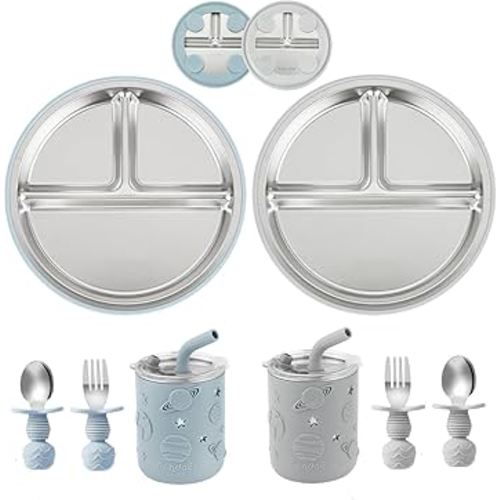 PandaEar Stainless Steel Baby Feeding Set | 2 Divided Suction Plates, 2 Spill-Proof Straw Cups with Silicone Sleeves, 2 Forks & 2 Spoons | Toddler Utensils for Baby Led Weaning, BPA-Free (Blue & Grey)