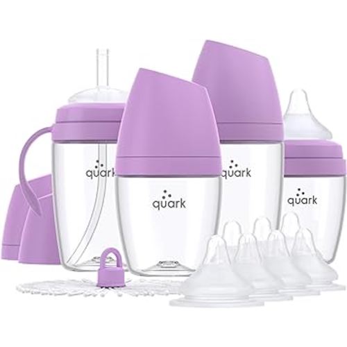 BuubiBottle Hybrid Bottle Feeding Bundle by Quark - Baby Bottle Set with Baby Bottles for Breastfed Babies from Newborn to Toddler - With RealFeel Anti Colic Nipples, Sippy Cup Conversion Kit - Purple