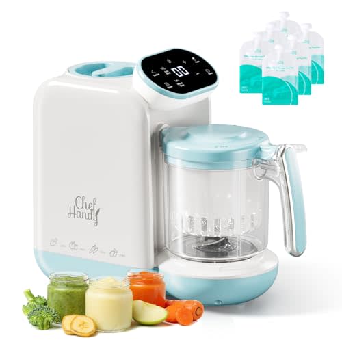 Chefhandy Baby Food Maker, 5-in-1 Baby Food Steamer & Blender with Auto and Manual Blending, Puree Maker, Bottle Warmer & Sterili-zer, BPA-Free, with 6 Food Pouches (White Blue)