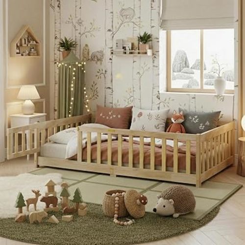 Twin Size Montessori Floor Bed with Slats and Door, Solid Wood Floor Bed Frame with High Rails,Twin Low Wooden Kids Beds with Guardrails,No Box Spring Needed, Natural