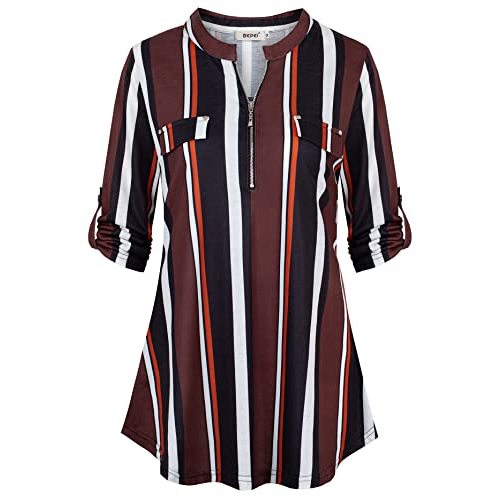 BEPEI Womens Floral 3/4 Sleeve Shirts Zip up V Neck Work Chiffon Blouses Top