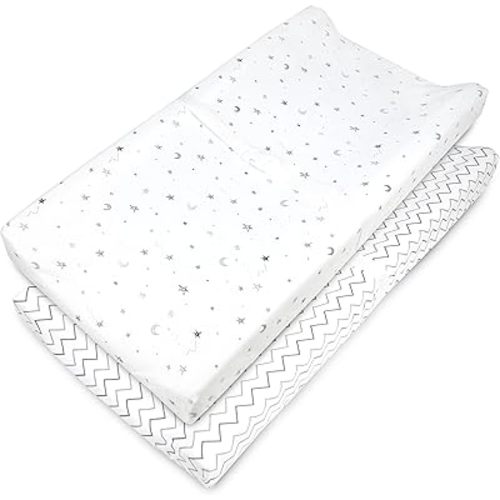 American Baby Company 2 Pack Printed 100% Cotton Knit Fitted Contoured Changing Table Pad Cover - Compatible with Mika Micky Bassinet, Gray Stars and Zigzag, for Boys and Girls